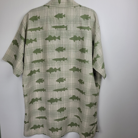 DICK IDOL Fish Print Shirt Linen Blend Green Size L Tall Relaxed Camp Fisherman - Picture 9 of 9